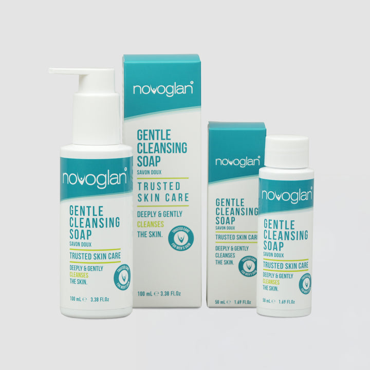 Novoglan Gentle Cleansing Soap 50mL and 100mL bottles and packaging