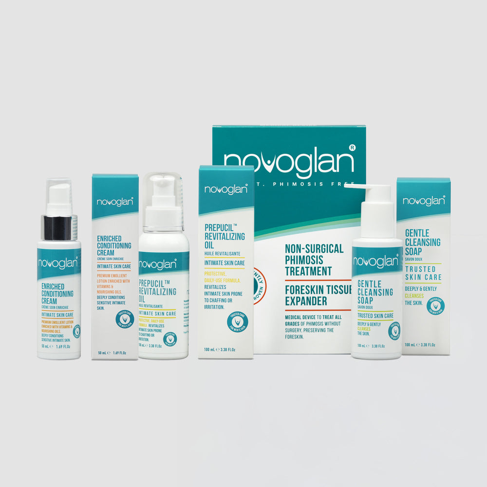 Novoglan Phimosis Treatment Kit + Sexual Wellness Max Pack bottles and packaging