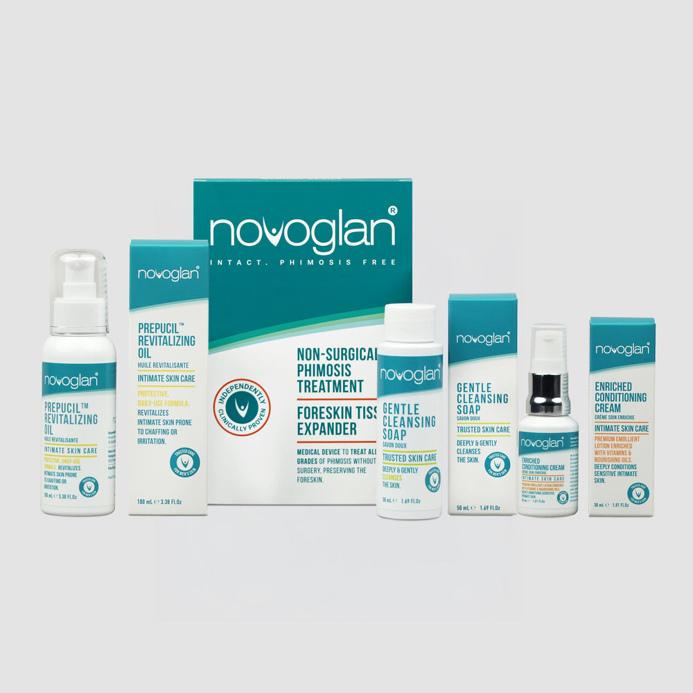 Novoglan Phimosis Treatment Kit + Sexual Wellness Pack bottles and packaging